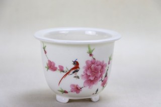 Maceta para bonsai redonda esmaltada decorada con flores rosas – 12 cm