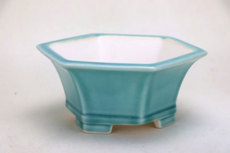 Maceta para bonsai hexagonal esmaltada en verde turquesa (craquelado)