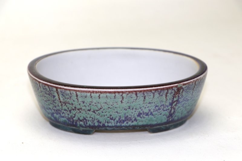 Maceta para bonsai ovalada esmaltada a alta temperatura en tonos azules y rojos